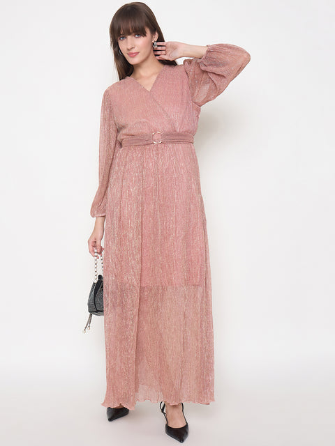 Madame Pliss Self Design Belted Rose Gold Flared Maxi Dress