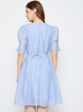 Madame Textured Belted Blue Mini A Line Dress