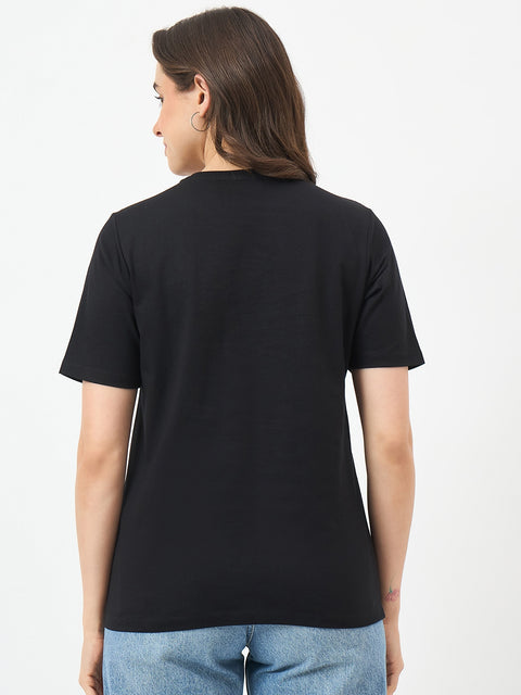 Madame Black Printed Cotton Half-Sleeve T-Shirt