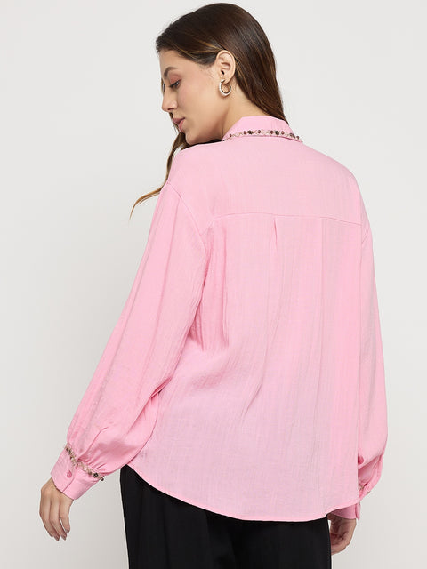 Madame Pink Embellished Rayon Full Sleeve Shirt