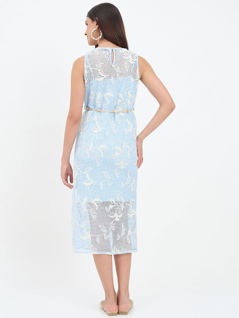 Madame Blue Floral Embroidery Crochet Dress