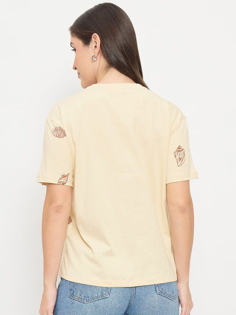 Madame Beige Printed Cotton Round Neck T-Shirt