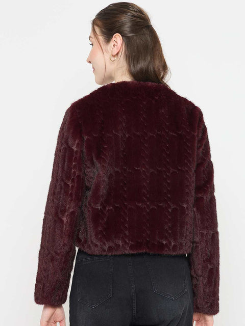 Madame Round Neck Embellished Faux Fur Blazer