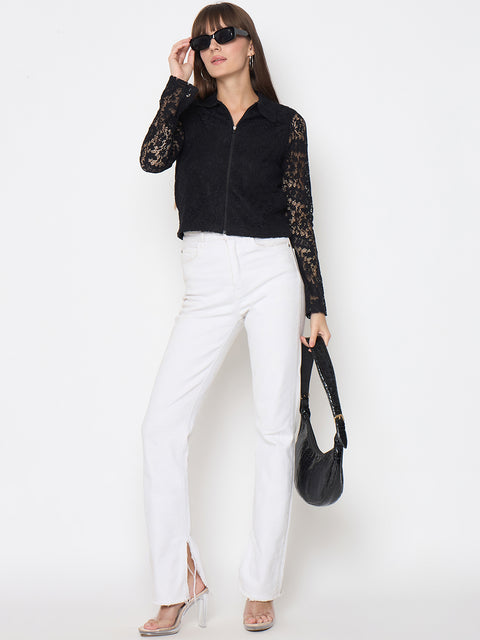 Madame Lace Zipper Cotton Blend Solid Black Top
