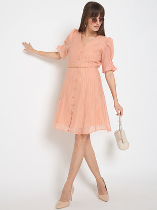 Madame Textured Belted Peach Mini A Line Dress