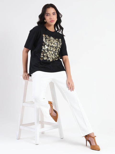 Madame Front Embellished Solid Black Cotton T-shirt