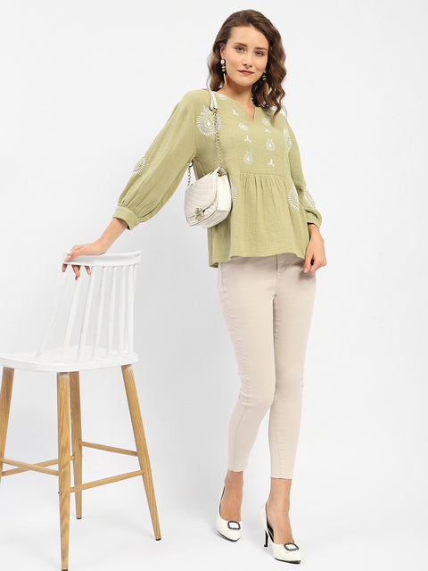 Madame Balloon Sleeve Green Chikankari Work Top