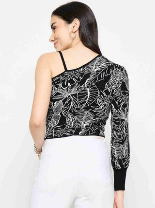 Madame Printed One Shoulder Black Knitted Top