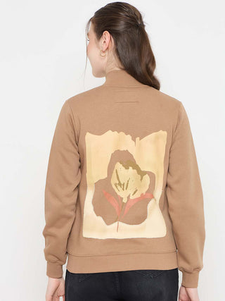Madame Beige Mock Neck Sweatshirt with Graphic Print Pocket Patch