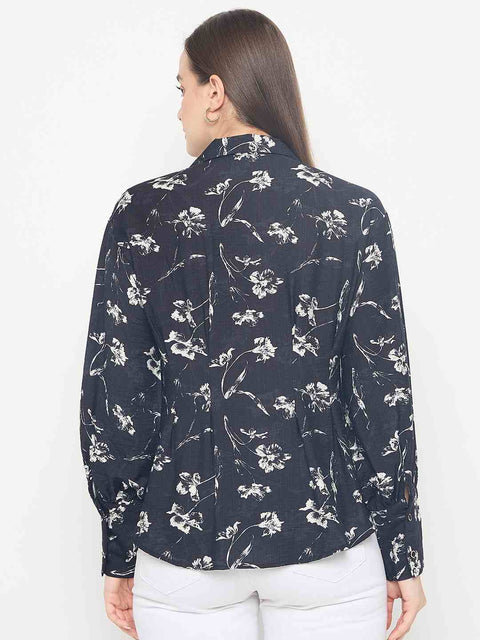 Madame Floral Print Pintuck Detailed Black Shirt
