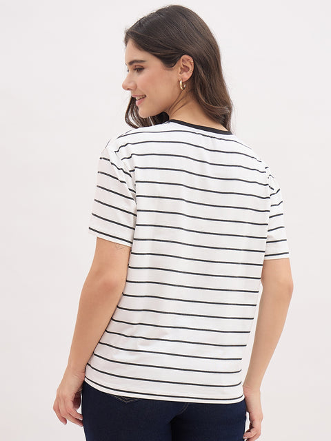 Madame Off White Striped with Print Half Sleeve T-Shirt