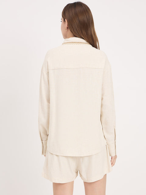 Madame Off White Embroidery Patch Rayon Linen Full Sleeve Shirt