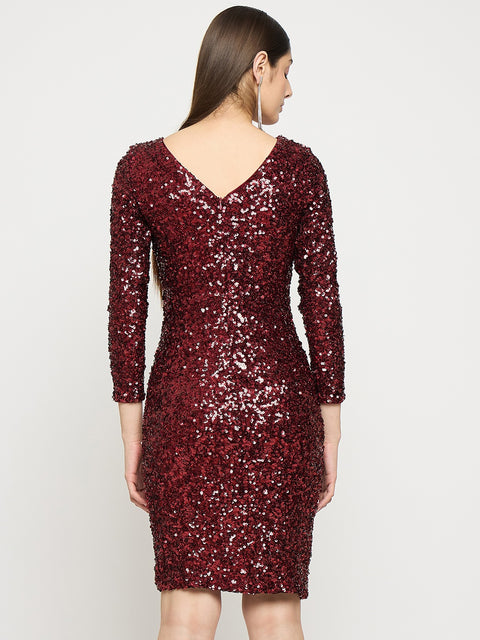 Madame Boat Neck Maroon Printed Bodycon Dress