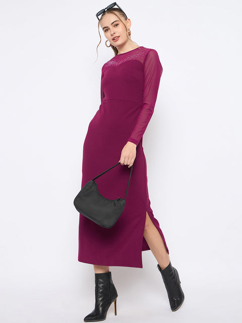 Madame Swarovski Detailed Solid Plum Round Neck Knitted Maxi Dress