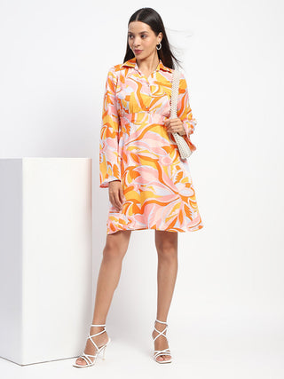 Madame Cinch Waist Abstract Print Bell Sleeves Orange Dress