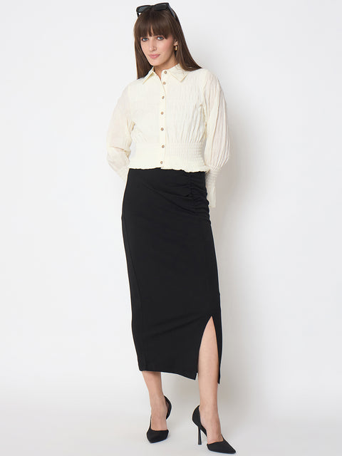 Madame Smocked Waist Off White Peplum Shirt