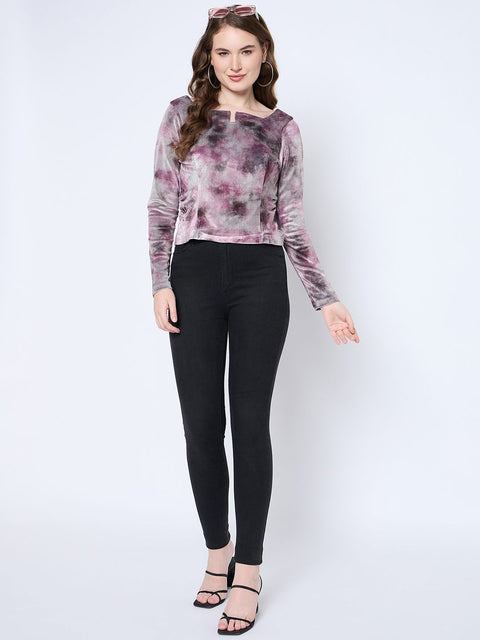 Madame Square Keyhole Neck Abstract Print Plum Top