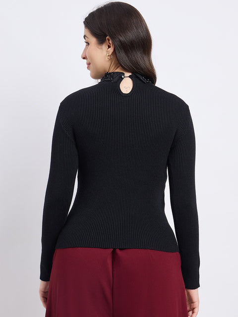 Madame Designer Collar Black Sweater