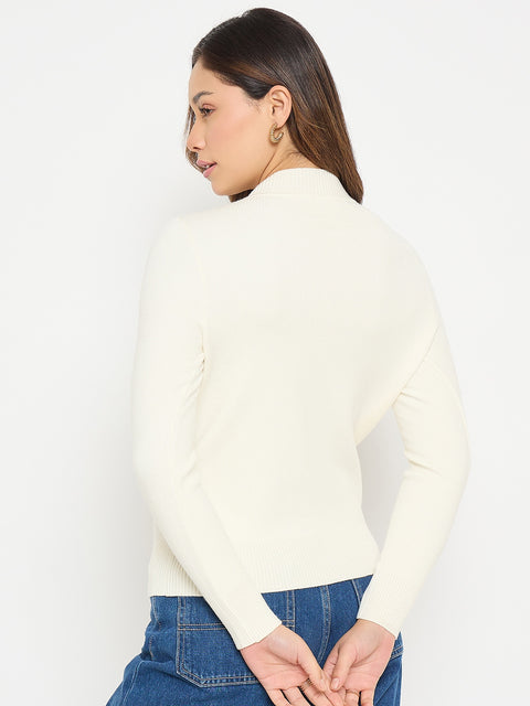 Madame Mock Neck Off White Solid Sweater