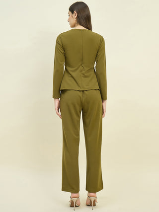 Madame Solid Olive Top with  Buckle Accent