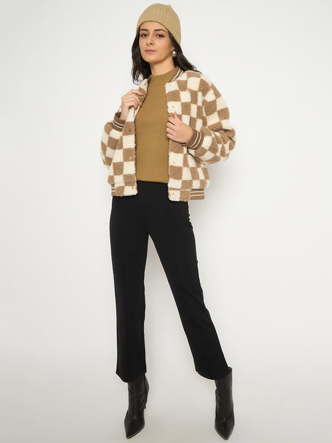 Madame Chequered Zipped Brown Bomber Jacket