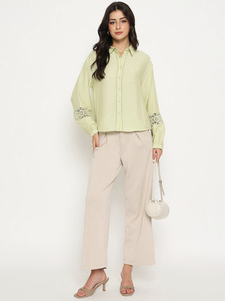 Madame Floral Lace Insertion Green Rayon Blend Shirt
