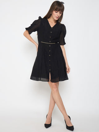 Madame Textured Belted Black Mini A Line Dress