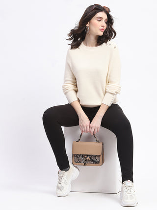 Madame Button Detailed Solid Beige Knitted Sweater