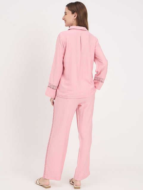 Madame Pink Rayon Collared Full Sleeve Co-ord Set
