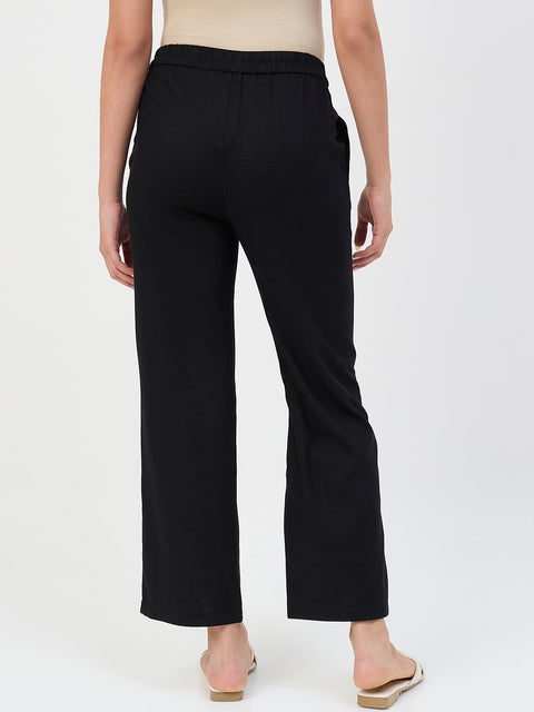 Madame Black Elastic Waist Linen-Blend Trousers