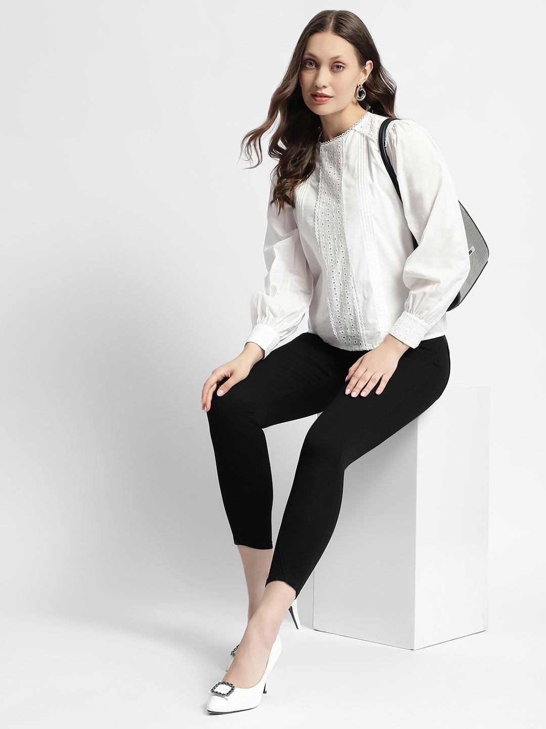 Madame Schiffli Adorned Puff Sleeve White Top color swatch