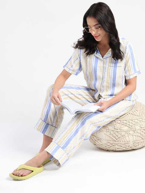 mSECRET Striped Collar Top and Bottoms Yellow Nightsuit
