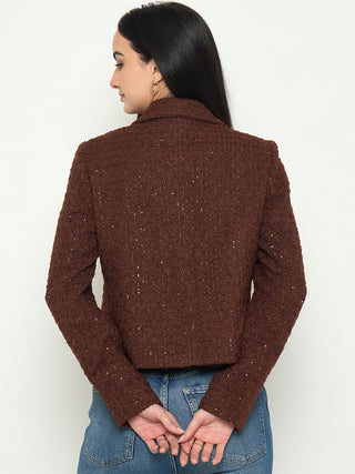 Madame Front Flap Pockets Textured Brown Blazer