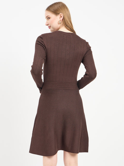 Madame Embellished Fit and Flare Coffee Knit Dress