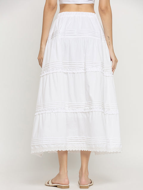 Madame White Cotton Lace Detail Flared Cropped Skirt