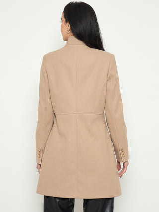 Madame Beige Long Coat with Stand COllar and Buttons