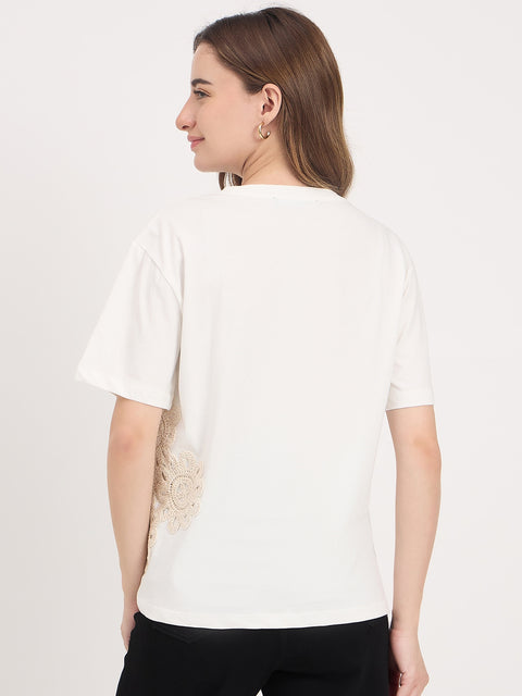 Madame Off White Embroidered Cotton Round Neck T-Shirt