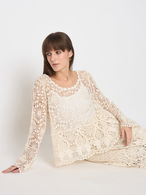 Madame Crochet Round Neck Bell Sleeve Beige Top