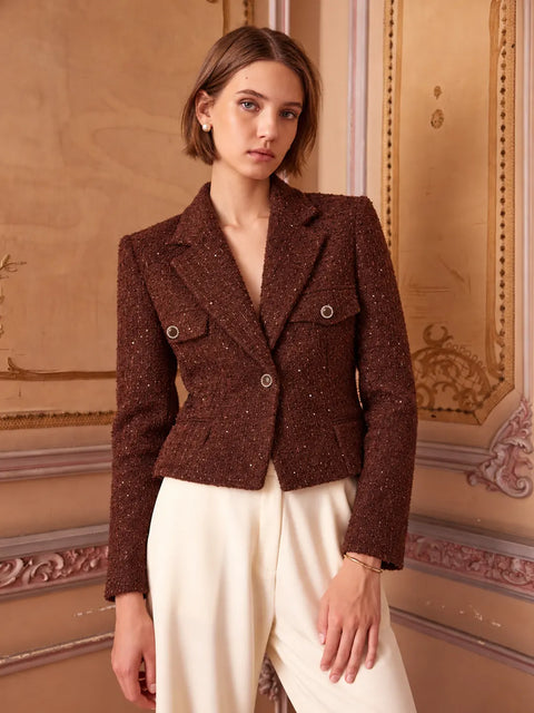 Madame Front Flap Pockets Textured Brown Blazer