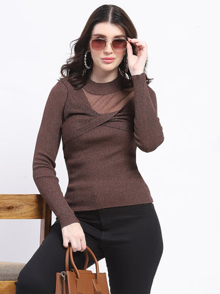 Madame Shimmery Mock Neck Wrap Brown Sweater