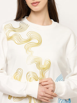 Madame Printed Crew Neck White Sweater