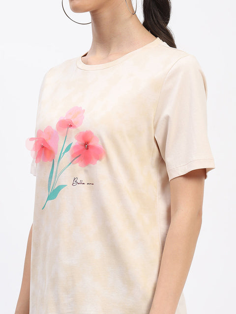 Madame Graphic Printed Crew Neck Cotton Beige T-shirt