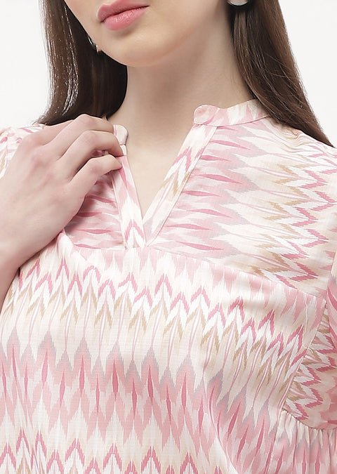 Madame Mandarin Collar Peach Abstract Print Top