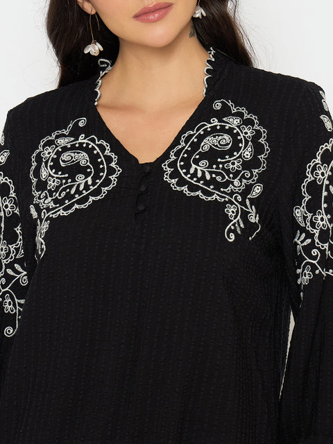 Madame Embroidered Black Viscose Blend Top