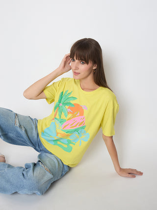 Madame Swarovski Detail Graphic Print Lemon Yellow Sinker T-shirt