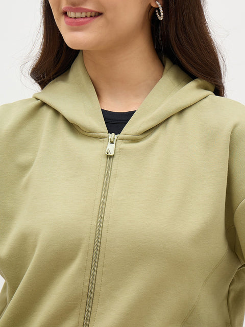 Madame Sea Green Embroidered Zipper Hoodie