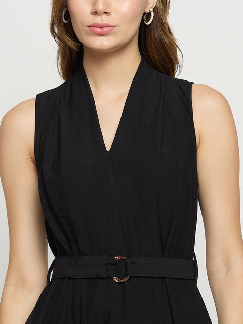 Madame Black Viscose Mandarin Collar Sleeveless Midi Dress