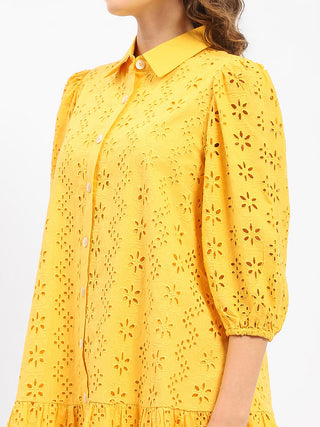 Madame Schiffli Mustard Yellow Tiered Shirt Dress