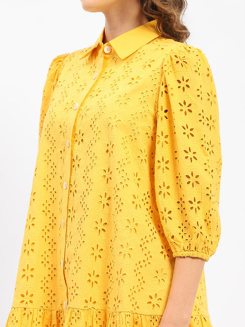 Madame Schiffli Mustard Yellow Tiered Shirt Dress