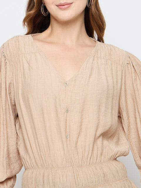 Madame Solid Rayon Blend Beige Peplum Top